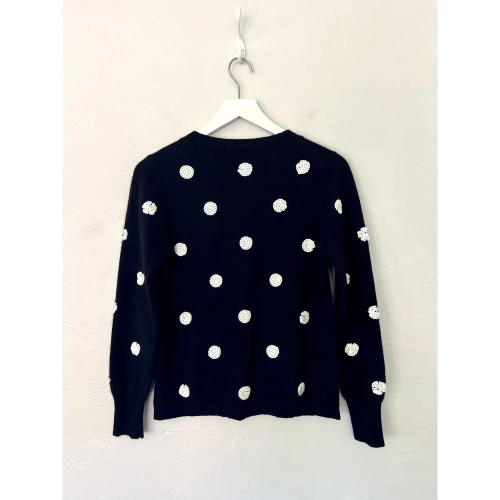 J.Crew AE937 Black Cashmere White Sequin Polka Dot Sweater Medium Holiday Preppy